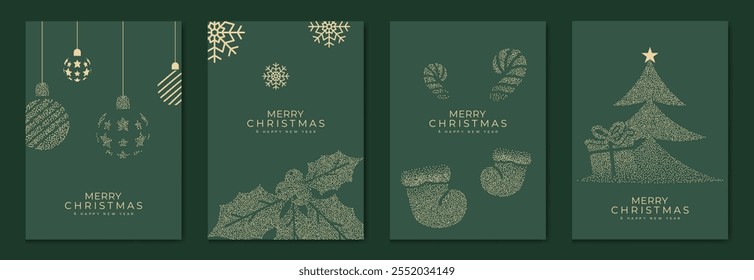 Vector de diseño art deco de tarjeta de invitación de Navidad de lujo. Árbol de Navidad, copo de nieve, línea de fuegos artificiales, acuarela sobre fondo verde y rojo. Ilustración de diseño para portada, impresión, póster, Fondo de pantalla.