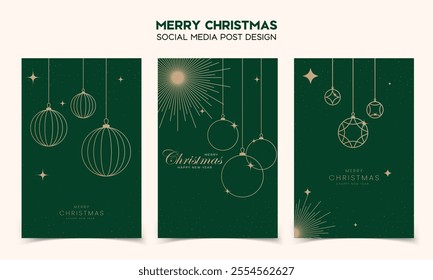 Luxury christmas invitation card art deco design vector. Christmas bauble ball, snowflakes, firework line art on red and green background. Design illustration for cover, greeting card.