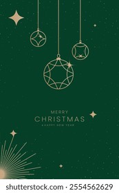 Luxury christmas invitation card art deco design vector. Christmas bauble ball, snowflakes, firework line art on red and green background. Design illustration for cover, greeting card.