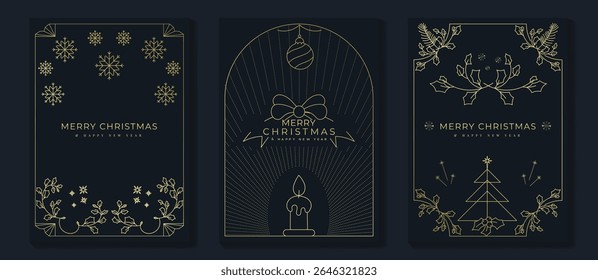 Luxury christmas invitation card art deco design vector. Christmas tree, bauble, snowflake, candle, ribbon, holly line art on navy blue background. Design illustration for cover, poster, wallpaper.