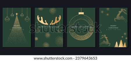 Luxury christmas invitation card art deco design vector. Christmas tree, wreath, reindeer, snowflakes line art on green background. Design illustration for cover, greeting, print, poster, wallpaper.