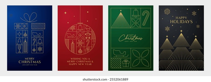 Luxury Christmas invitation card, decorative linear design vector. Christmas tree with gold line art, candy cane, gift box and ornaments. Design illustration for greeting card background.