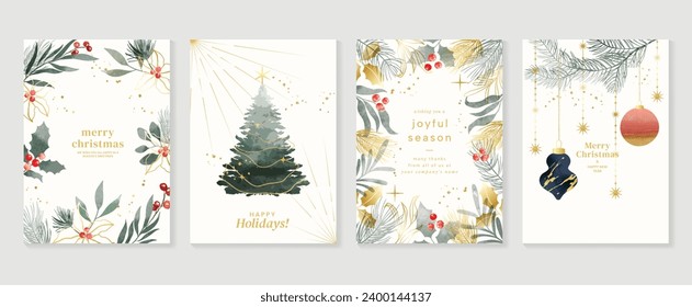 Luxury christmas invitation card design vector. Christmas tree, bauble ball, foliage, holly berry line art, watercolor texture on white background. Design illustration for cover, poster, wallpaper.