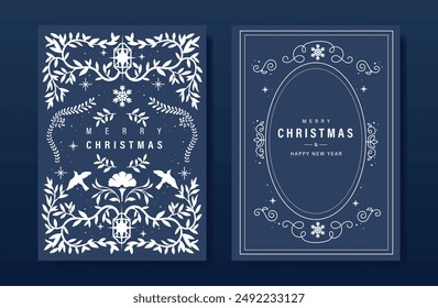 Luxury christmas invitation card folk design vector. Christmas leaves, flower, bird, lantern, snowflake, frame on navy blue background. Design illustration for cover, print, poster, wallpaper.