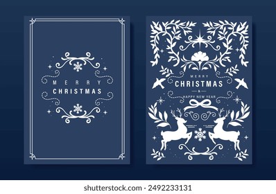 Luxury christmas invitation card folk design vector. Christmas leaves, flower, reindeer, bird, snowflake, frame on navy blue background. Design illustration for cover, print, poster, wallpaper.