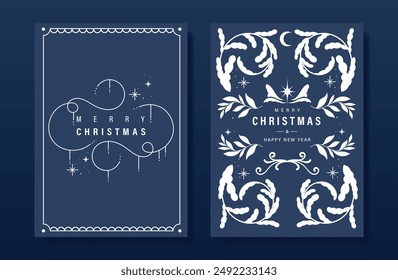 Tarjeta de invitación de Navidad de lujo Vector de diseño folclórico. Navidades hojas, flores, estrellas brillantes, copo de nieve, marco sobre fondo azul marino. Ilustración de diseño para cubierta, impresión, póster, Fondo de pantalla.