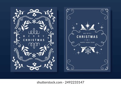 Luxury christmas invitation card folk design vector. Christmas leaves, flower, sparkling stars, snowflake, frame on navy blue background. Design illustration for cover, print, poster, wallpaper.