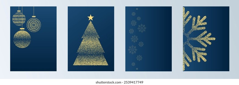 Tarjeta de invitación de Navidades de lujo. Menú del año Nuevo, portada del folleto, catálogo. Plantilla de Vector de invierno para Festiva flyer con patrón de puntos de oro árbol de Navidad, textura de punto de copo de nieve sobre fondo azul