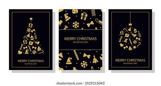 Luxury Christmas invitation cards set. Christmas tree, ball, seamless pattern, golden snowflakes on dark background. Design illustration for poster, wallpaper, backdrop. Elegant, corporate cards