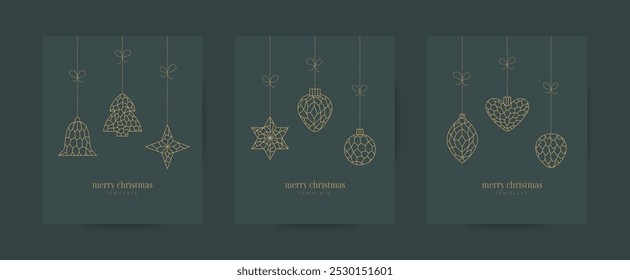 Luxury Christmas invitation, greeting card, banner, art, design templates. Golden line Merry Christmas, Happy New Year tree bauble, ball, bell