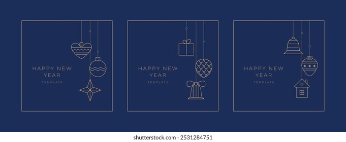 Luxury Christmas invitation, greeting card, banner, art, design templates. Vector golden line Merry Christmas, Happy New Year tree bauble, ball, gift box.