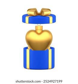 Luxury Christmas love heart bauble in blue gift box for celebrate 3d icon realistic vector illustration. Premium Xmas New Year golden romantic toy in wrapped festive package winter holiday present