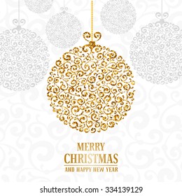 Luxury Christmas and New Year greeting card with golden glitter texture on rich ornate Christmas ball, space for your text on white background. Vector illustration.