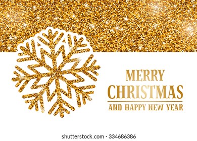 Luxury Christmas and New Year greeting card with golden glitter texture, space for your text and gold snowflake on white background. Vector illustration.