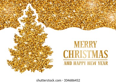 Luxury Christmas and New Year greeting card with golden glitter texture, space for your text and gold Christmas tree on white background. Vector illustration.