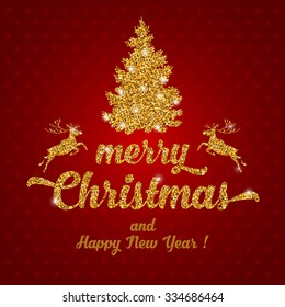 Luxury Christmas and New Year greeting card with golden glowing elements, text, fir-tree and deers on red background. Vector illustration.