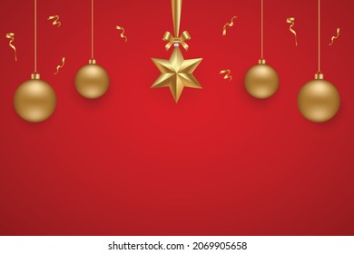 Luxury Christmas, new year and holidays vector background decorated with golden decorative objects hanging from top