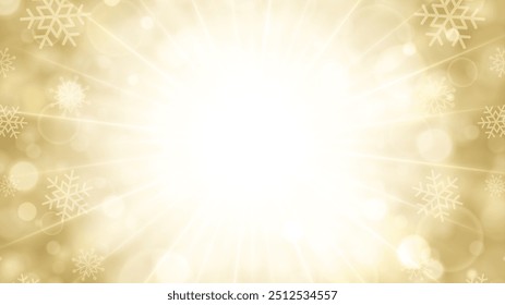 Luxury Christmas party background golden light snowflakes explosion 3d design realistic vector illustration. Glamour winter Xmas celebrate elegant backdrop yellow bright snow burst glow bokeh effect