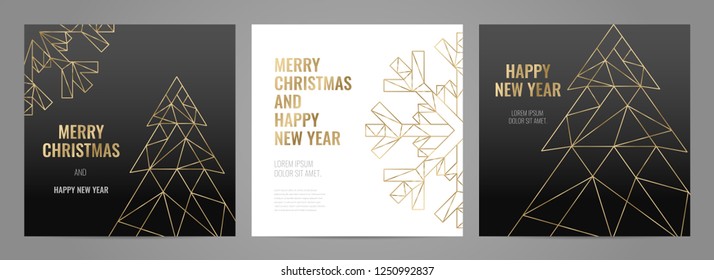 Luxury Christmas Party Invitation Template With Gold Frame And Black Background. Geometric Shape.