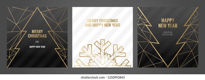 Luxury christmas party Invitation template with gold frame and black background. Geometric shape.
