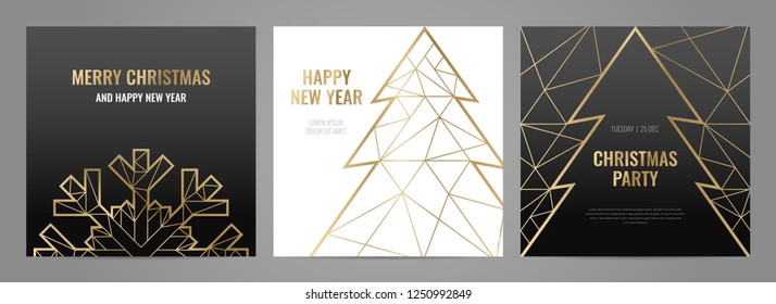 Luxury christmas party Invitation template and gold frame   black background  Geometric shape 