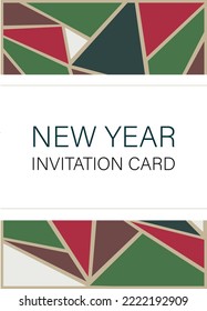 Luxury christmas party Invitation template with gold frame and green and red background. Geometric shape. Christmas card and invitation with gold accents. Vector illustration