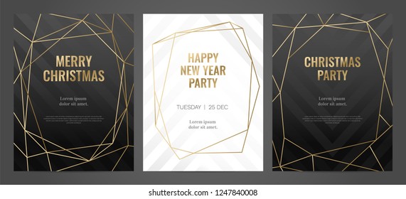 Luxury christmas party poster template with gold frame and black background. Invitation template. Geometric shape.