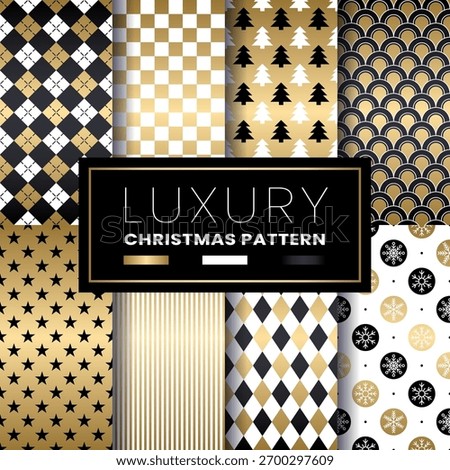Luxury Christmas pattern collection in black and gold with festive geometric shapes, stars, and tree motifs for elegant designs Vector Illustration