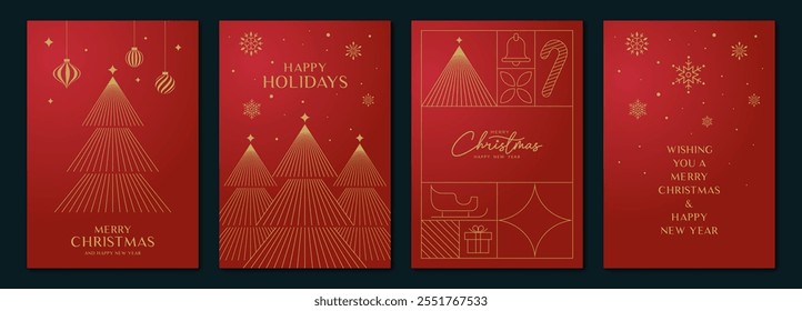 Cartão de convite vermelho Natal de luxo, vetor de design linear decorativo. Árvore de Natal com arte de linha de ouro, cana de doces, caixa de presente e ornamentos. Ilustração de design para cartão de saudação em fundo verde.