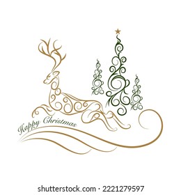 Luxury Christmas reindeer with pine tree swirl calligraphic vector for card design