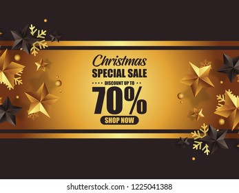 LUXURY CHRISTMAS SALE DESIGN ILLUSTRATION WITH GOLD AND BLACK STARS