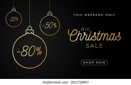 Luxury Christmas sale horizontal banner. Christmas card with outline gold balls hang on a thread on black modern background. Vector illustration. Place for your text