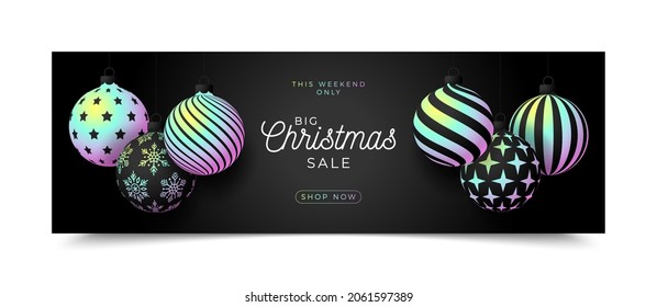 Luxury Christmas sale horizontal banner. Christmas card with ornate holographic realistic balls hang on a thread on black modern background. Vector illustration. Place for your text