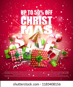 Luxury Christmas sale poster with gift boxes and baubles on red background