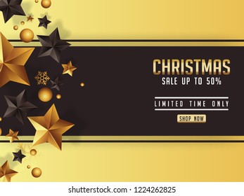 luxury christmas sale poster with gold and black stars