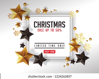luxury christmas sale poster with gold and black stars