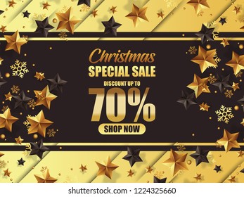 luxury christmas sale poster with gold and black stars