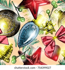 Luxury Christmas seamless pattern, gold, red, blue and green holiday winter elements with X mas pine tree twigs. Hand drawn color bubbles or balls. Vector.