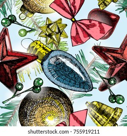 Luxury Christmas seamless pattern, gold, red, blue and green holiday winter elements with X mas pine tree twigs. Hand drawn color bubbles or balls. Vector.