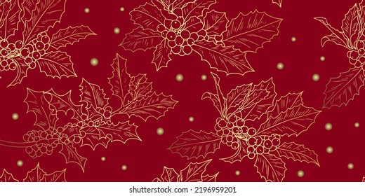 Navidad de lujo patrón sin fisuras con ramas doradas de árbol hueco sobre fondo rojo oscuro