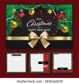 Luxury Christmas social media golden and black background for promote isolate background,promotion post templates,post square frame for social media set,3D vector.
