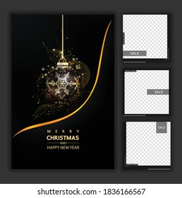 Luxury Christmas social media golden and black background for promote isolate background,promotion post templates,post square frame for social media set,3D vector.
