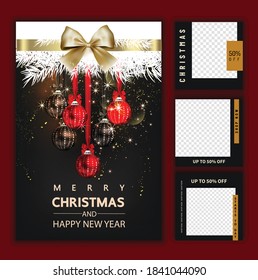 Luxury Christmas social media golden and black background for promote isolate background,promotion post templates,post square frame for social media set,3D vector.
