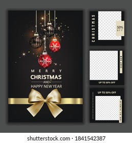 Luxury Christmas social media golden and black background for promote isolate background,promotion post templates,post square frame for social media set,vector 3D.

