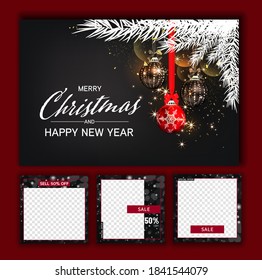Luxury Christmas social media golden and black background for promote isolate background,promotion post templates,post square frame for social media set,vector3D.
