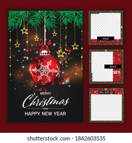 Luxury Christmas social media golden and black background for promote isolate background,promotion post templates,post square frame for social media set,3D vector.
