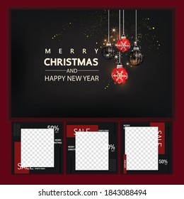 Luxury Christmas social media golden and black background for promote isolate background,promotion post templates,post square frame for social media set,3D vector.
