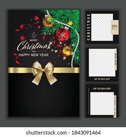 Luxury Christmas social media golden and black background for promote isolate background,promotion post templates,post square frame for social media set,3D vector.
