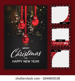 Luxury Christmas social media golden and black background for promote isolate background,promotion post templates,post square frame for social media set,3D vector.
