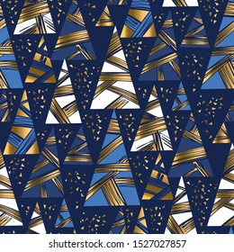 Luxury Christmas tree geometric seamless pattern for background, fabric, textile, wrap, surface, web and print. Gold and sea blue colors repeatable rapport for elegant festive New Year projects.